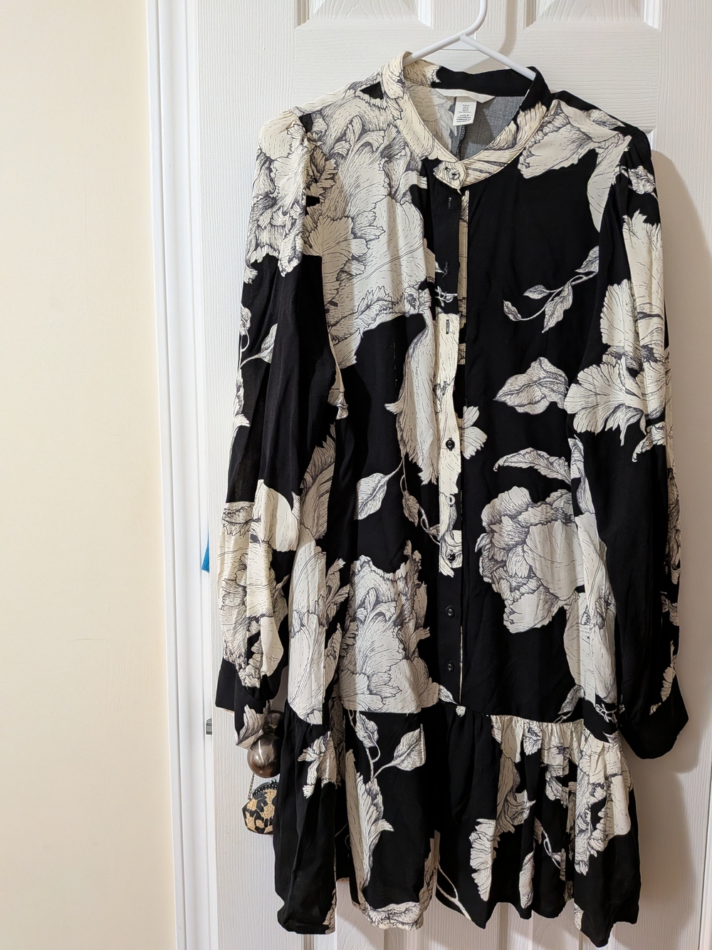 H&M Black Dress with Cream Floral Print - Long Sleeve